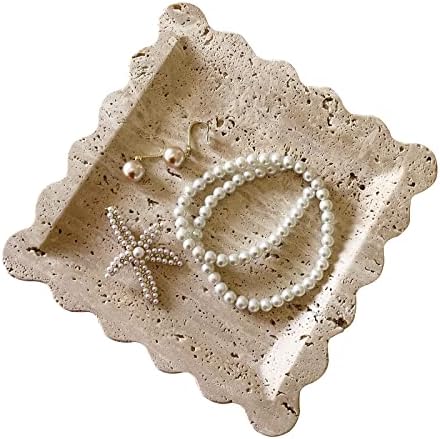 Vintage Natural Marble Tray Small Ornaments Scalloped Tray Handmade Storage Dish for Counter, Vanity, Dresser, Nightstand and Desk (Beige Travertine) by SIADKOCC