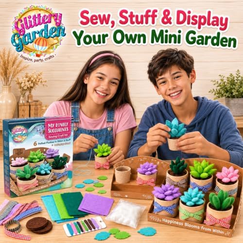 Glittery Garden Felt Succulent Craft Kit. Sewing Project to Make 6 Plushies - Image 2