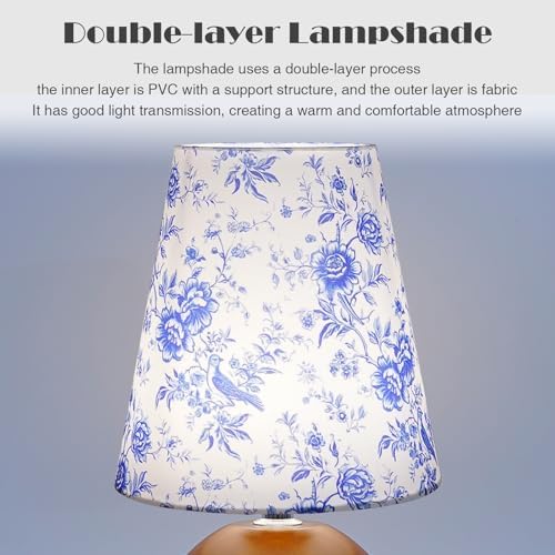 Vintage Wooden Night Lamp, Wood Base Fabric Lampshade, Adjustable Light Color and Brightness with Power-Off Memory, Safe USB Powered, Retro LED Table Light for Bedroom Living Room Office (BlueFlowers) - Image 7