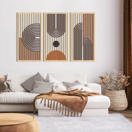 IARTTOP Mid Century Modern Decor 16x32 Inch Large Boho Wood Wall Art Abstract Wooden Wall Decor Minimalist Bohemian Orange Artwork for Living Room Bedroom Office Set of 3 - Image 2