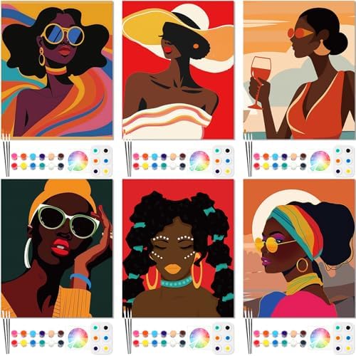 Dinifee 6 Pack Pre Drawn Canvas for Painting Pre Printed Canvas Kit 8 x 10 Inch Stretched Cotton Paint and Sip Set for Adults Couple Party Graduation Summer Date Night(Artistic Women) by Dinifee