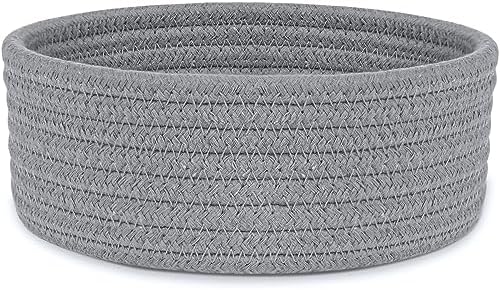 ABenkle Small Woven Basket, Empty Tiny Shallow Storage Basket, Mini Cotton Rope Baskets, Round Decorative Hamper, Basket Storage Bins for Toys, Spa, Socks, Nursery, Living Room- Grey by ABenkle