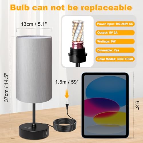 Unicozin Table Lamp for Bedroom, 3 Color Temperatures, 7 RGB Colors, Adjustable Brightness, Dual USB Charging Ports, Ambience Nightstand Light with Grey Shade, Desk Lamp for Kids Reading Home Office - Image 2