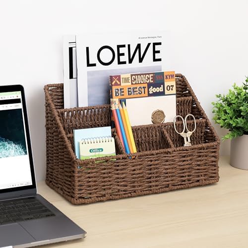 DINGTAI Rattan Desk Organizer, Tabletop Mail Holder, 5 Slot Mail Organizer Countertop Basket, Rattan Office Supplies, Boho Office Desk Accessories, Wicker Desk Organizer, Magazine Holder（Brown） - Image 2