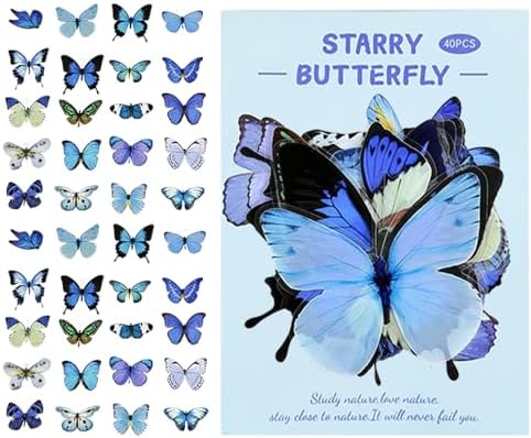 40Pcs Vintage Stickers,Waterproof Transparent PET Aesthetic Decorative Sticker Scrapbooking Supplies for Adult Card Making Letters Planner Junk Journal Water Bottles Art Craft.Blue Butterfly by Bestartsuppliesforyou