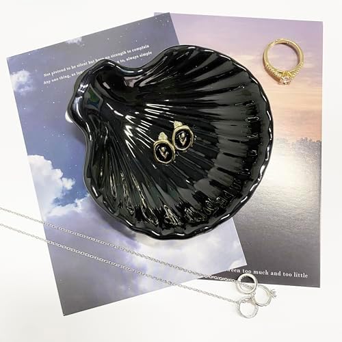 Shell Shape Ring Holder Dish, Seashell Jewelry Dish Tray, Ceramic Trinket Tray for Rings Earrings Necklaces Bracelet, Birthday Mother's Day Christmas Gift for Mom Friend Sister, 3.9", Black - Image 3