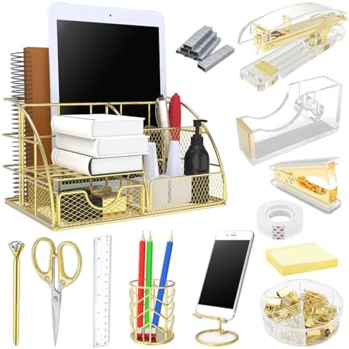 Office Desk Organizers, Gold 13PCS Office Supplies and Accessories Desk Organizer, Acrylic Stapler, Staple Remover, Clips, Scissor, Phone Holder, Pen, Pen Holder by YOLOZAI