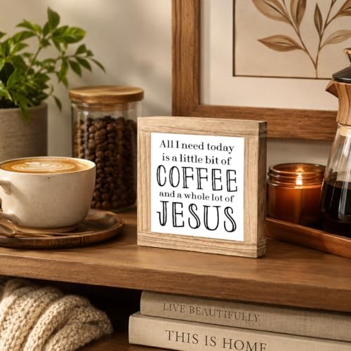 Christian Coffee Wooden Sign, All I Need Today Coffee And Jesus Plaque,Rustic Farmhouse Kitchen Counter Accent, Faith Coffees Bar Shelf Sitter For Prayer Room Home Office Cafe Corner, 5.9 x 5.9 in - Image 5