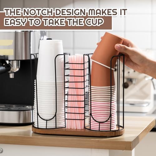 Geelin 18oz Adjustable Coffee Cup Dispenser with Wooden Base, Cup and Lid Holder, Cups Holder Organizer for Coffee Pod Straw and Lid Storage(3-Compartment Single,Color 1) - Image 3
