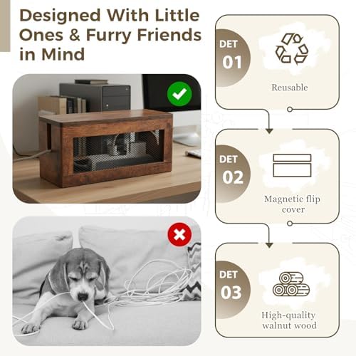 Chunful Extra Large Cable Management Box, 16'' Wood Cord Box Organizer with Ventilation Nets & Organizer for Power Strip, TV Wires & Desk Cable Storage, Magnetic Lid Hide Floor Cables - Image 4