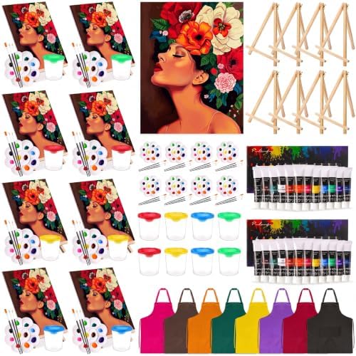 Cholemy 8 Set Paint and Sip Kit for Adults 8'' x 10'' Pre Drawn Canvas with Wooden Easels Acrylic Paint Brushes Wash Cup Palette Apron for Painting DIY Date Night Party Supplies(Artistic Woman) by Cholemy