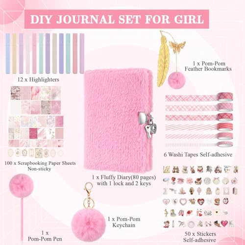 Janlaugh DIY Journal Diary with Lock Pack Scrapbook Kit, Pink, Plush - Image 2