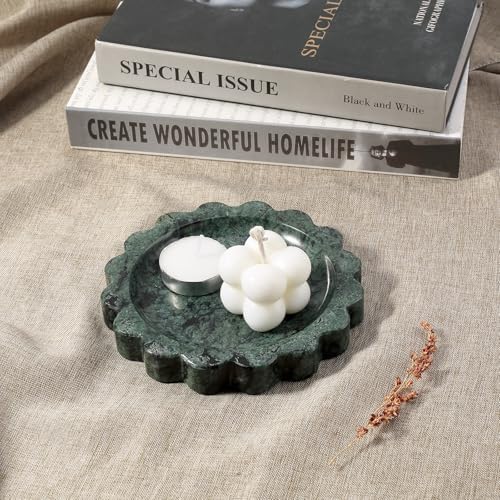 Koville 5.51" Scalloped Marble Tray, Round Stone Jewelry Trinket Dish for Ring, Natural Small Marble Tray for Bathroom Kitchen Dresser Countertop, Decorative Candle Tray(Green) - Image 6
