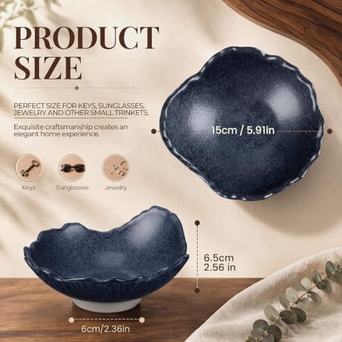 6" Ceramic Decorative Bowl Irregular Rim Key Tray, Navy Blue - Image 2