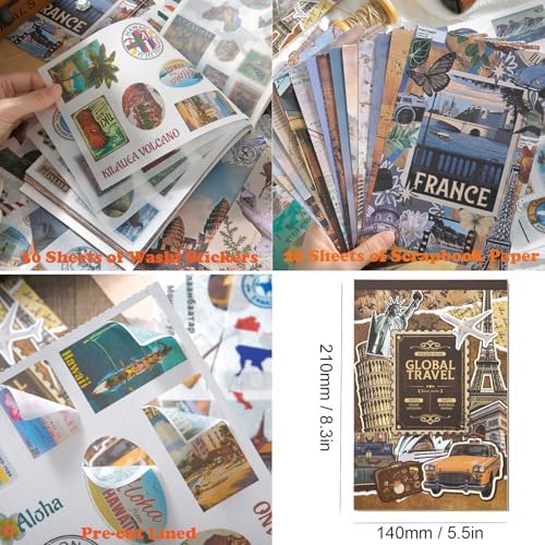 Vintage Scrapbook Stickers, Aesthetic Global Travel Sticker Book for Scrapbooking with 320+ Washi Stickers and 20 Scrapbook Papers, Journaling Supplies, Ephemera for Junk Journals DIY Arts Crafts - Image 3