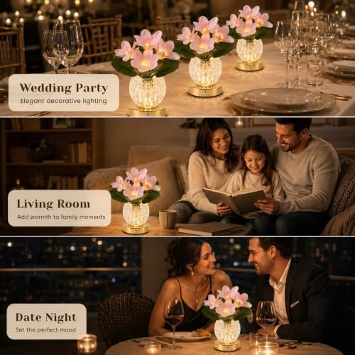 Flower Table Lamp, 3 Colors Touch Dimming Magnolia Glass Night Light, Rechargeable Artificial Flower Light, LED Flower with Vase Lamp Romantic Decor for Date Party Home (Pink - Magnolia) - Image 5