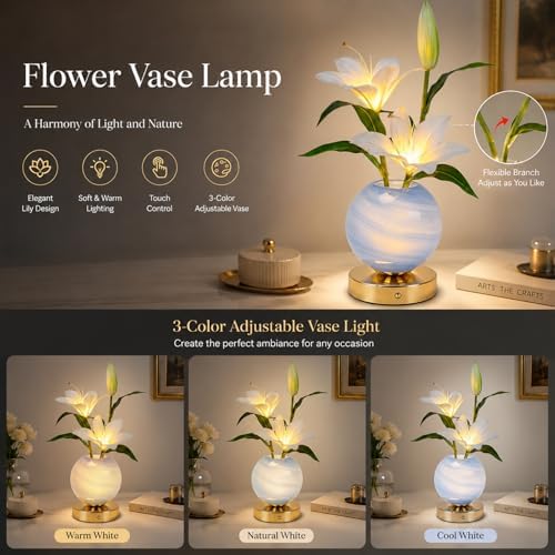 Lily Table Lamp, 3 Color Planet Night Light, Rechargeable Cordless Touch Dimming Artificial Flower Light, LED Flower Bedside Lamp Romantic Gifts for Girl Women Mom (White Lily) - Image 3