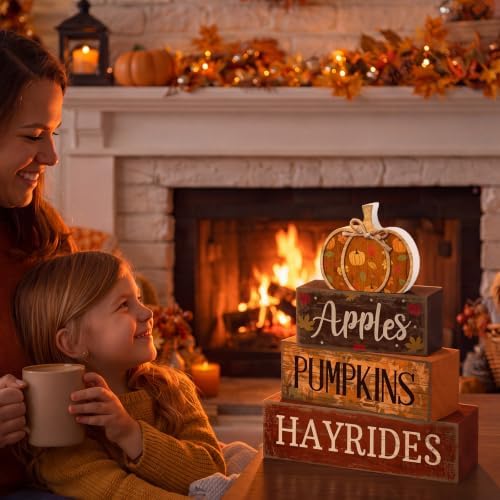 Moucuny 4 Pcs Fall Table Decoration for Home, Wooden Pumpkins Harvest Decor - Image 5