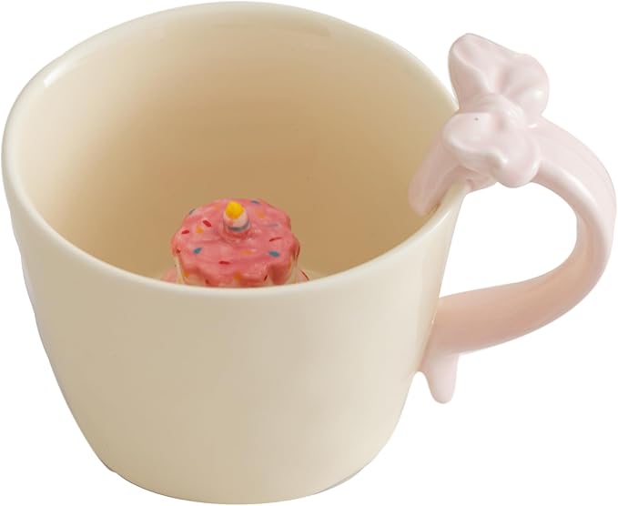DIHOclub Ceramic Coffee Mug with Birthday Cake & Bow Handle, Giftable Novelty Tea Cup for Birthday Anniversary (Cream)