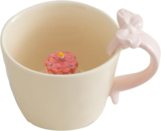 DIHOclub Ceramic Coffee Mug with Birthday Cake & Bow Handle, Giftable Novelty Tea Cup for Birthday Anniversary (Cream)