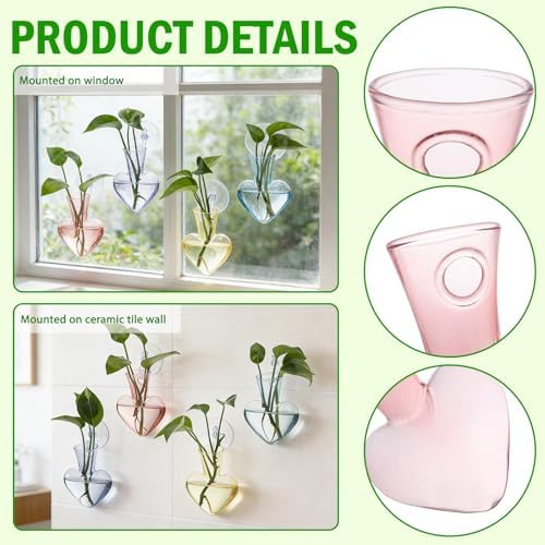 Bunmery Window Propagation Stations, 4 pcs Colored Heart Plant Propagation Station with Suction Cups, Easy to Install Window Hanging Planer, Indoor No Nails Glass Vase Terrarium for Plants&Flowers - Image 3