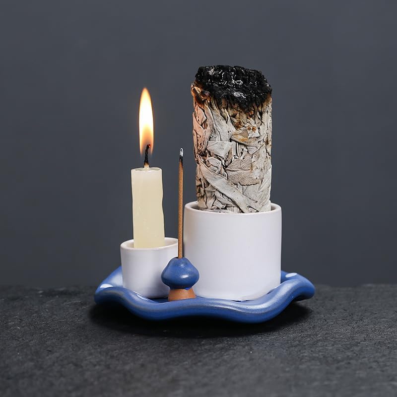 Mushroom Ceramic Incense Holder Set,4-in-1 Design for Sage, Palo Santo, Incense Sticks Candles,Blue Ceramic Ash Catcher Tray for Mess-Free Meditation, Yoga and Home Decor - Image 4
