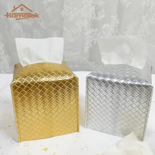 HOMOTEK 2 Pack Tissue Box Cover, Square PU Leather Tissue Holder, Decorative Facial Tissue Cube Paper Organizer Dispenser for Bathroom, Night Stands, Desk, Car 5X5X5'' - Woven Waffle, Brass - Image 5