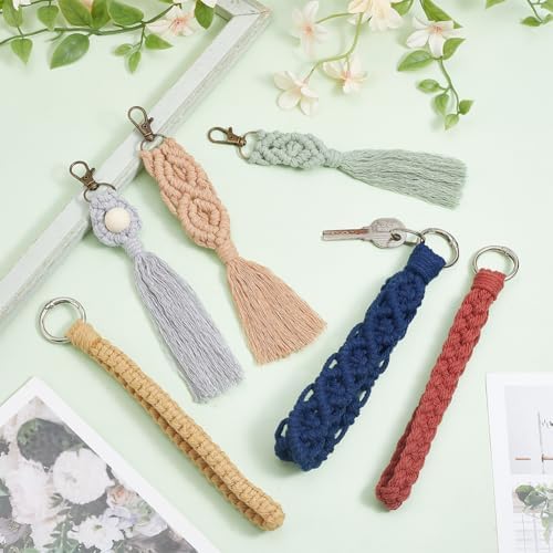 INFUNLY 6 Set DIY Macrame Boho Keychain Kits Cotton Macrame Keychain Kit for Women Charm Gift Handcrafted Aesthetic Tassel Macrame Keychain for Strap Phone Bags Macrame Adults Beginners - Image 6