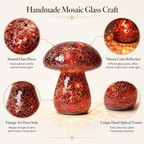 Mosaic Mushroom Table Lamp, Handmade LED Night Light, Red - Image 3