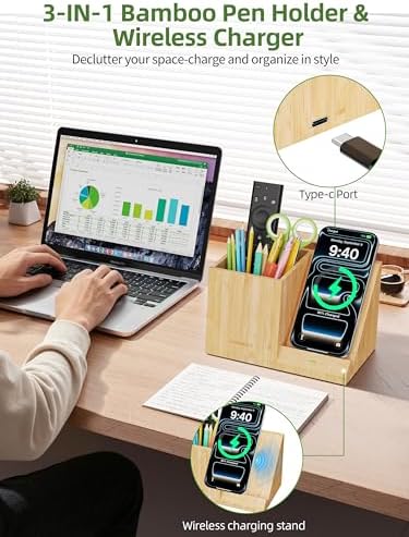 Bamboo Pen Holder for Desk with Wireless Charger, Desktop Organizer - Image 2