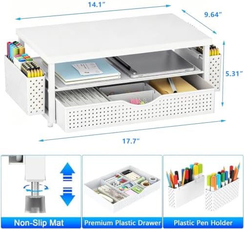 gianotter Desk Organizers and Accessories, Monitor Stand with Drawer and 2 Pen Holder, Desktop Organizer Suitable for Offices and Dormitories (White-Plain) - Image 5