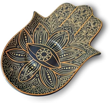 Exquisite Small Ceramic Jewelry Tray - Trinket Dish Evil Eye Decor, Gold Plate Ring Holder, Modern Boho Home Essentials, Perfume Organizer, Witchy, Aesthetic Room Decor (Black Hamsa) by JKLEO