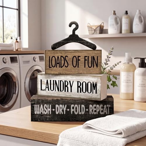 Moucuny 4 Pcs Laundry Room Decor Wooden Signs Rustic Farmhouse Block - Image 3