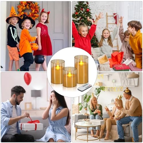 wemarry Flameless Candles 4" 5" 6" Acrylic Glass Pillars 3" Diameter Battery Operated Flickering Candles Include 8-Key Remote with Timer Function 400+ Hours (Amber, Warm Light 6 Pack) - Image 3
