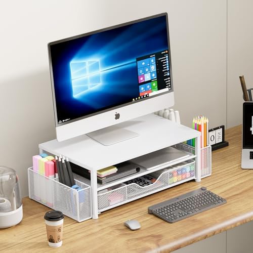 OPNICE Desk Organizer and Accessories, 2-Tier Computer Monitor Stand Riser with Drawer and 2 Pen Holders, Laptop Stand, Office Desk Accessories for Office Supplies, White - Image 5