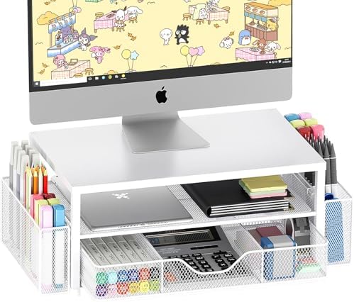 OPNICE Desk Organizer and Accessories, 2-Tier Computer Monitor Stand Riser with Drawer and 2 Pen Holders, Laptop Stand, Office Desk Accessories for Office Supplies, White by OPNICE