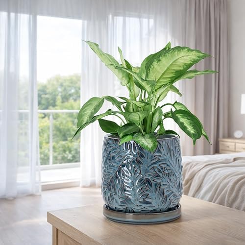 D'vine Dev Embossed Leaves Ceramic Planter, 6 in, Ocean Teal, 27-A-X-8 - Image 2