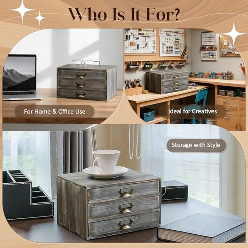 Stackable Modular Desktop Drawer Organizer, Solid Wood Grey 3-Drawer Storage Unit with Label Pull Handles, Stone Gray Japandi Style, Expandable by Adding More Units for Clutter-Free Spaces - Image 5