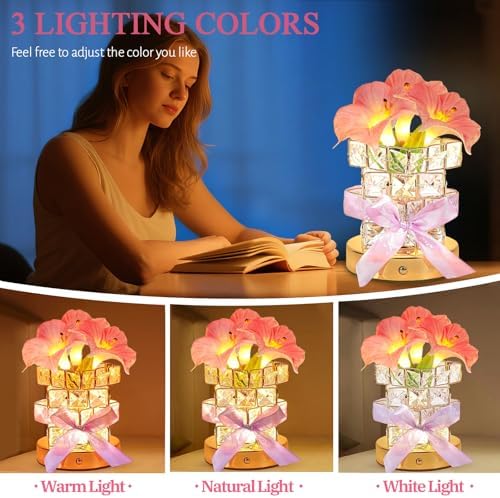 Flower Table Lamps, Rechargeable Cordless Crystal Night Light, 3 Colors Touch Dimming Artificial Flower Light, LED Flowers Bedside Lamp Romantic Gifts for Girl Women Mom (MF Morning Glory-Pink) - Image 4