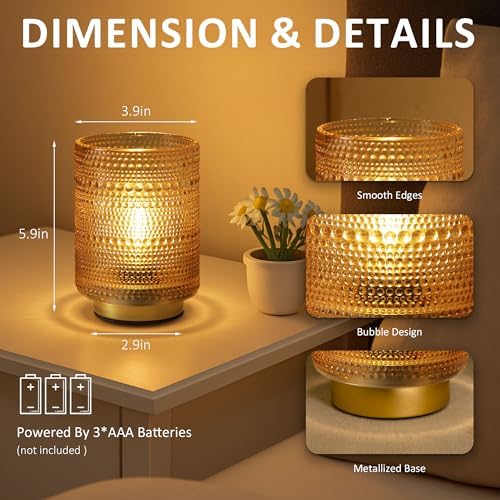 2 Pack Battery Operated Decorative Aesthetic Lamp with Timer for Bedside,Small Cordless Table Lamps with LED Warm Bulb for Bookshelf/Entryway/Nightstand/Dorm/Coffee Table/Office Cubicle Decor(Golden) - Image 6