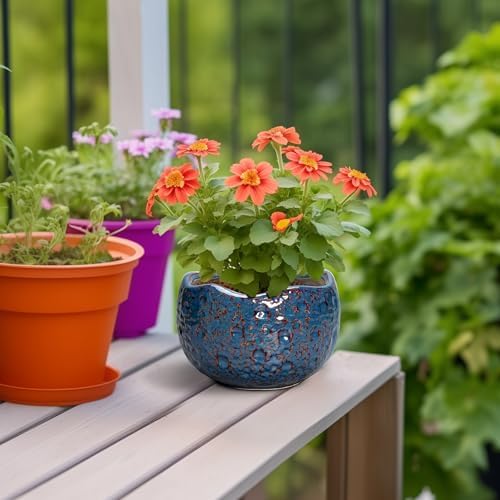 6 Inch Plant Pot, Ceramic Pots for Plants, Retro Blue - Image 4