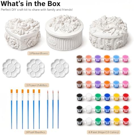3 Pcs DIY Floral Plaster Jewelry Box Painting Kit for Adults & Teens - 3D Flower Trinket Boxes (Heart, Round, Oval) - Includes 6 Paint Strips, 9 Brushes, 3 Palettes & Secure Packaging - Image 4