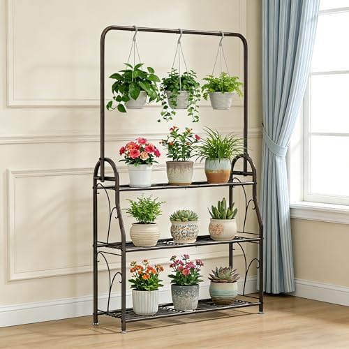 SORCEDAS Plant Stand Outdoor Indoor 3 Tier Metal with Hanging - Image 2