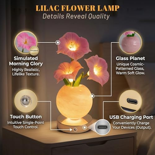 Pink Morning Glory Flower Lamp, Rechargeable Cordless LED Floral Table Lamp - Image 7