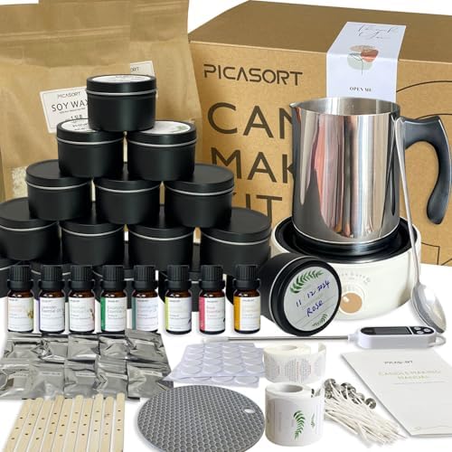 PICASORT Black Candle Making Kit - Complete Candle Making Kit/Supplies, Scented Candles Making Kit with Hot Plate, Soy Wax,Hot Plate,Wax Melting Pot & More,DIY Crafts for Adult/Beginner by PICASORT