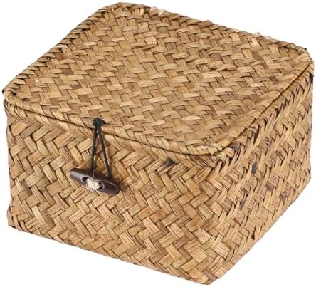 Hipiwe Wicker Shelf Basket Bin with Lid X-small Square Seagrass Storage Box by Hipiwe