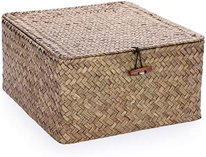 Hipiwe Seagrass Wicker Storage Basket with Lid, Coffee Large 10.6x10.6x5.8" by Hipiwe