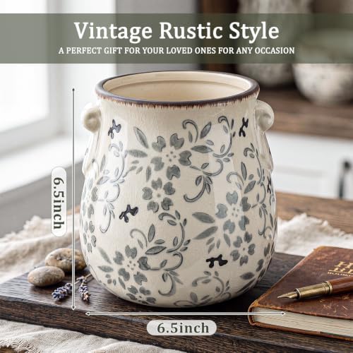 Ceramic Scroll Planter 6.5 Inch, Gray Floral - Image 2