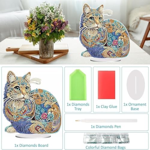 Diamond Painting Kits for Adults Beginners, 5D Full Drill Cat Crystal Art Desktop Ornament, DIY Single Sided Home Office Desk Decor, Creative Craft Gift Set with Tools - Image 3