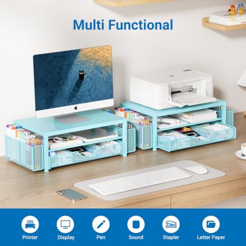 OPNICE Desk Organizers and Accessories, Computer Monitor Stand Riser with Drawer and 2 Pen Holders, Printer & Laptop Stand, Office Desk Accessories & Workspace Organizers for Home Office Supplies, Soft Blue - Image 4